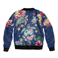 Hawaiian Turtles and Tropical Plants Sleeve Zip Bomber Jacket Blue Watercolor