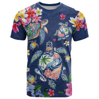 Hawaiian Turtles and Tropical Plants T Shirt Blue Watercolor LT03 Blue - Polynesian Pride