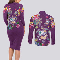Hawaiian Turtles and Tropical Plants Couples Matching Long Sleeve Bodycon Dress and Long Sleeve Button Shirt Purple Watercolor