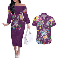 Hawaiian Turtles and Tropical Plants Couples Matching Off The Shoulder Long Sleeve Dress and Hawaiian Shirt Purple Watercolor