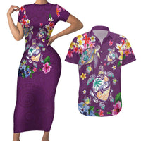 Hawaiian Turtles and Tropical Plants Couples Matching Short Sleeve Bodycon Dress and Hawaiian Shirt Purple Watercolor