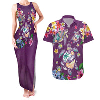 Hawaiian Turtles and Tropical Plants Couples Matching Tank Maxi Dress and Hawaiian Shirt Purple Watercolor