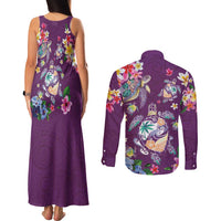 Hawaiian Turtles and Tropical Plants Couples Matching Tank Maxi Dress and Long Sleeve Button Shirt Purple Watercolor