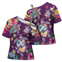 Hawaiian Turtles and Tropical Plants Cross Shoulder Shirt Purple Watercolor