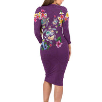 Hawaiian Turtles and Tropical Plants Family Matching Long Sleeve Bodycon Dress and Hawaiian Shirt Purple Watercolor