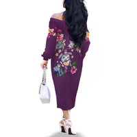 Hawaiian Turtles and Tropical Plants Family Matching Off The Shoulder Long Sleeve Dress and Hawaiian Shirt Purple Watercolor