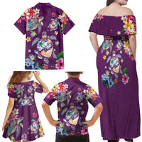 Hawaiian Turtles and Tropical Plants Family Matching Off Shoulder Maxi Dress and Hawaiian Shirt Purple Watercolor