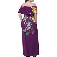 Hawaiian Turtles and Tropical Plants Family Matching Off Shoulder Maxi Dress and Hawaiian Shirt Purple Watercolor