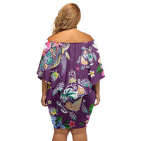 Hawaiian Turtles and Tropical Plants Family Matching Off Shoulder Short Dress and Hawaiian Shirt Purple Watercolor