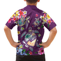Hawaiian Turtles and Tropical Plants Family Matching Short Sleeve Bodycon Dress and Hawaiian Shirt Purple Watercolor LT03 - Polynesian Pride