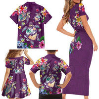Hawaiian Turtles and Tropical Plants Family Matching Short Sleeve Bodycon Dress and Hawaiian Shirt Purple Watercolor LT03 - Polynesian Pride