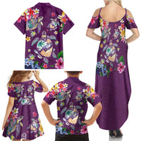 Hawaiian Turtles and Tropical Plants Family Matching Summer Maxi Dress and Hawaiian Shirt Purple Watercolor