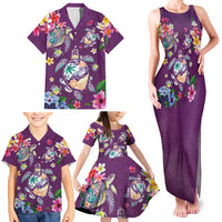 Hawaiian Turtles and Tropical Plants Family Matching Tank Maxi Dress and Hawaiian Shirt Purple Watercolor
