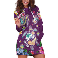 Hawaiian Turtles and Tropical Plants Hoodie Dress Purple Watercolor