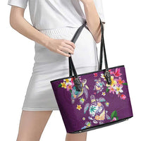 Hawaiian Turtles and Tropical Plants Leather Tote Bag Purple Watercolor
