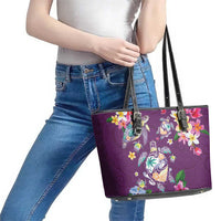Hawaiian Turtles and Tropical Plants Leather Tote Bag Purple Watercolor