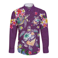 Hawaiian Turtles and Tropical Plants Long Sleeve Button Shirt Purple Watercolor