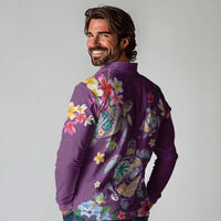 Hawaiian Turtles and Tropical Plants Long Sleeve Polo Shirt Purple Watercolor