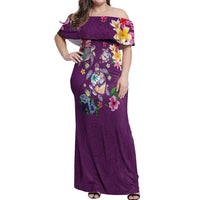 Hawaiian Turtles and Tropical Plants Off Shoulder Maxi Dress Purple Watercolor
