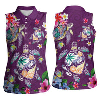 Hawaiian Turtles and Tropical Plants Women Sleeveless Polo Shirt Purple Watercolor