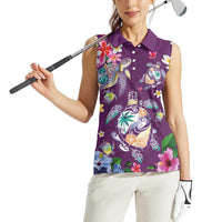 Hawaiian Turtles and Tropical Plants Women Sleeveless Polo Shirt Purple Watercolor