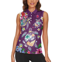 Hawaiian Turtles and Tropical Plants Women Sleeveless Polo Shirt Purple Watercolor