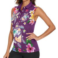 Hawaiian Turtles and Tropical Plants Women Sleeveless Polo Shirt Purple Watercolor