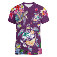 Hawaiian Turtles and Tropical Plants Women V-Neck T-Shirt Purple Watercolor