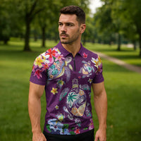 Hawaiian Turtles and Tropical Plants Zipper Polo Shirt Purple Watercolor