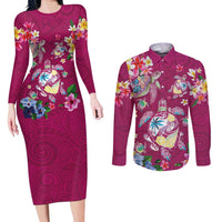 Hawaiian Turtles and Tropical Plants Couples Matching Long Sleeve Bodycon Dress and Long Sleeve Button Shirt Pink Watercolor LT03 Pink - Polynesian Pride