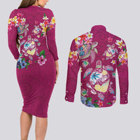 Hawaiian Turtles and Tropical Plants Couples Matching Long Sleeve Bodycon Dress and Long Sleeve Button Shirt Pink Watercolor LT03 - Polynesian Pride