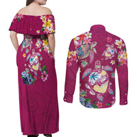 Hawaiian Turtles and Tropical Plants Couples Matching Off Shoulder Maxi Dress and Long Sleeve Button Shirt Pink Watercolor
