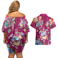 Hawaiian Turtles and Tropical Plants Couples Matching Off Shoulder Short Dress and Hawaiian Shirt Pink Watercolor