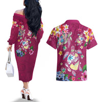 Hawaiian Turtles and Tropical Plants Couples Matching Off The Shoulder Long Sleeve Dress and Hawaiian Shirt Pink Watercolor LT03 - Polynesian Pride