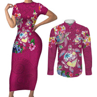 Hawaiian Turtles and Tropical Plants Couples Matching Short Sleeve Bodycon Dress and Long Sleeve Button Shirt Pink Watercolor LT03 Pink - Polynesian Pride