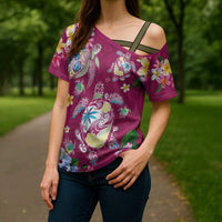 Hawaiian Turtles and Tropical Plants Cross Shoulder Shirt Pink Watercolor
