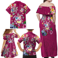 Hawaiian Turtles and Tropical Plants Family Matching Off Shoulder Maxi Dress and Hawaiian Shirt Pink Watercolor