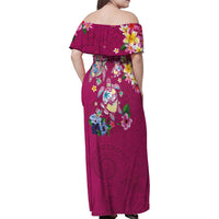 Hawaiian Turtles and Tropical Plants Family Matching Off Shoulder Maxi Dress and Hawaiian Shirt Pink Watercolor