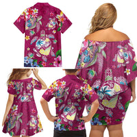 Hawaiian Turtles and Tropical Plants Family Matching Off Shoulder Short Dress and Hawaiian Shirt Pink Watercolor