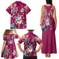 Hawaiian Turtles and Tropical Plants Family Matching Tank Maxi Dress and Hawaiian Shirt Pink Watercolor