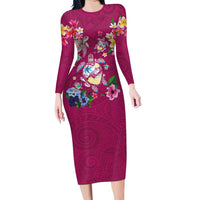 Hawaiian Turtles and Tropical Plants Long Sleeve Bodycon Dress Pink Watercolor