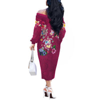 Hawaiian Turtles and Tropical Plants Off The Shoulder Long Sleeve Dress Pink Watercolor