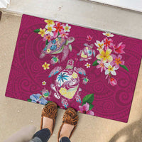 Hawaiian Turtles and Tropical Plants Rubber Doormat Pink Watercolor