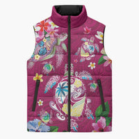 Hawaiian Turtles and Tropical Plants Sleeveless Puffer Jacket Pink Watercolor