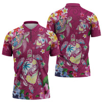 Hawaiian Turtles and Tropical Plants Zipper Polo Shirt Pink Watercolor