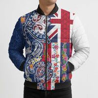 Hawaiian Manta Ray and Turtle Tribal Tattoo Bomber Puffer Jacket With Hawaii Flag and Flowers LT03 - Polynesian Pride