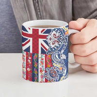 Hawaiian Manta Ray and Turtle Tribal Tattoo Ceramic Mug With Hawaii Flag and Flowers
