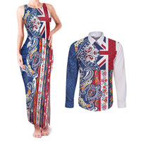 Hawaiian Manta Ray and Turtle Tribal Tattoo Couples Matching Tank Maxi Dress and Long Sleeve Button Shirt With Hawaii Flag and Flowers