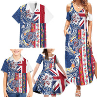 Hawaiian Manta Ray and Turtle Tribal Tattoo Family Matching Summer Maxi Dress and Hawaiian Shirt With Hawaii Flag and Flowers