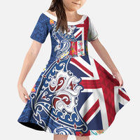 Hawaiian Manta Ray and Turtle Tribal Tattoo Family Matching Tank Maxi Dress and Hawaiian Shirt With Hawaii Flag and Flowers LT03 Daughter's Dress Multicolor - Polynesian Pride